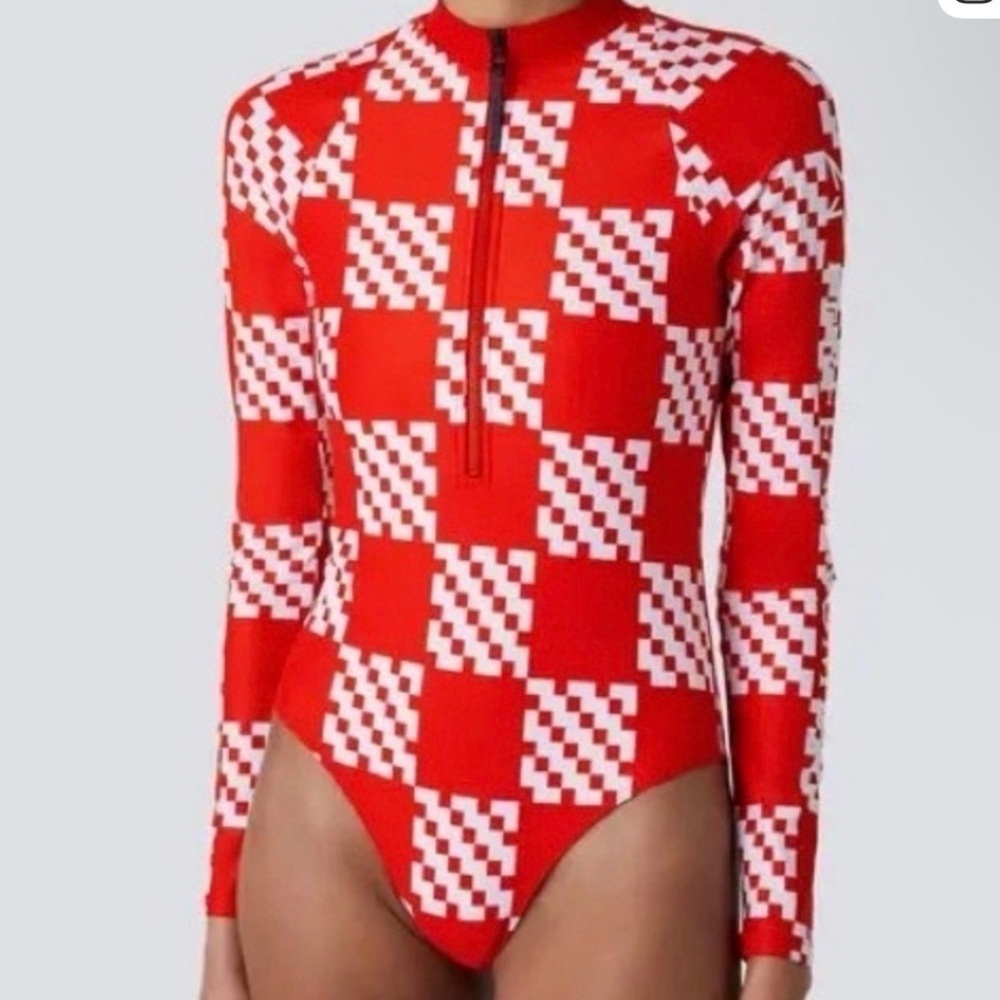 Perfect Moment Red White Block Check Zip Long Sleeve Swimsuit Body Suit Large
